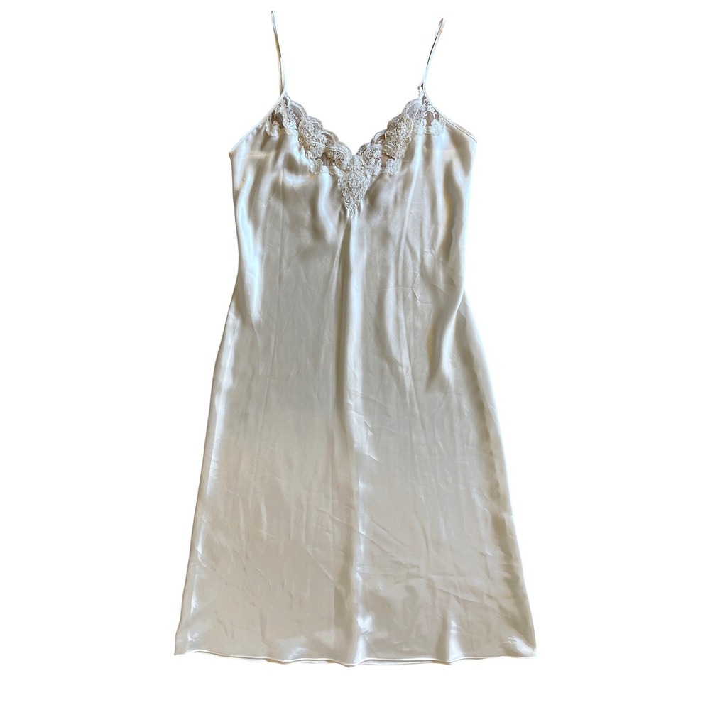 Vtg‎ California Miss Ivory Satin Lace Beaded Slip Dress Nightgown Bridal Chemise